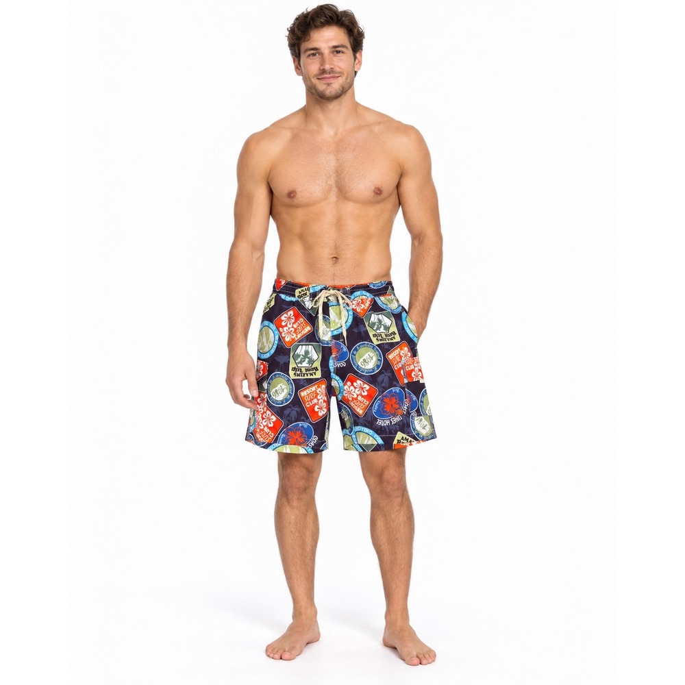 NWT Caribbean Joe Mens XL Black Tropical Surf Patch Print Swim Trunks Shorts